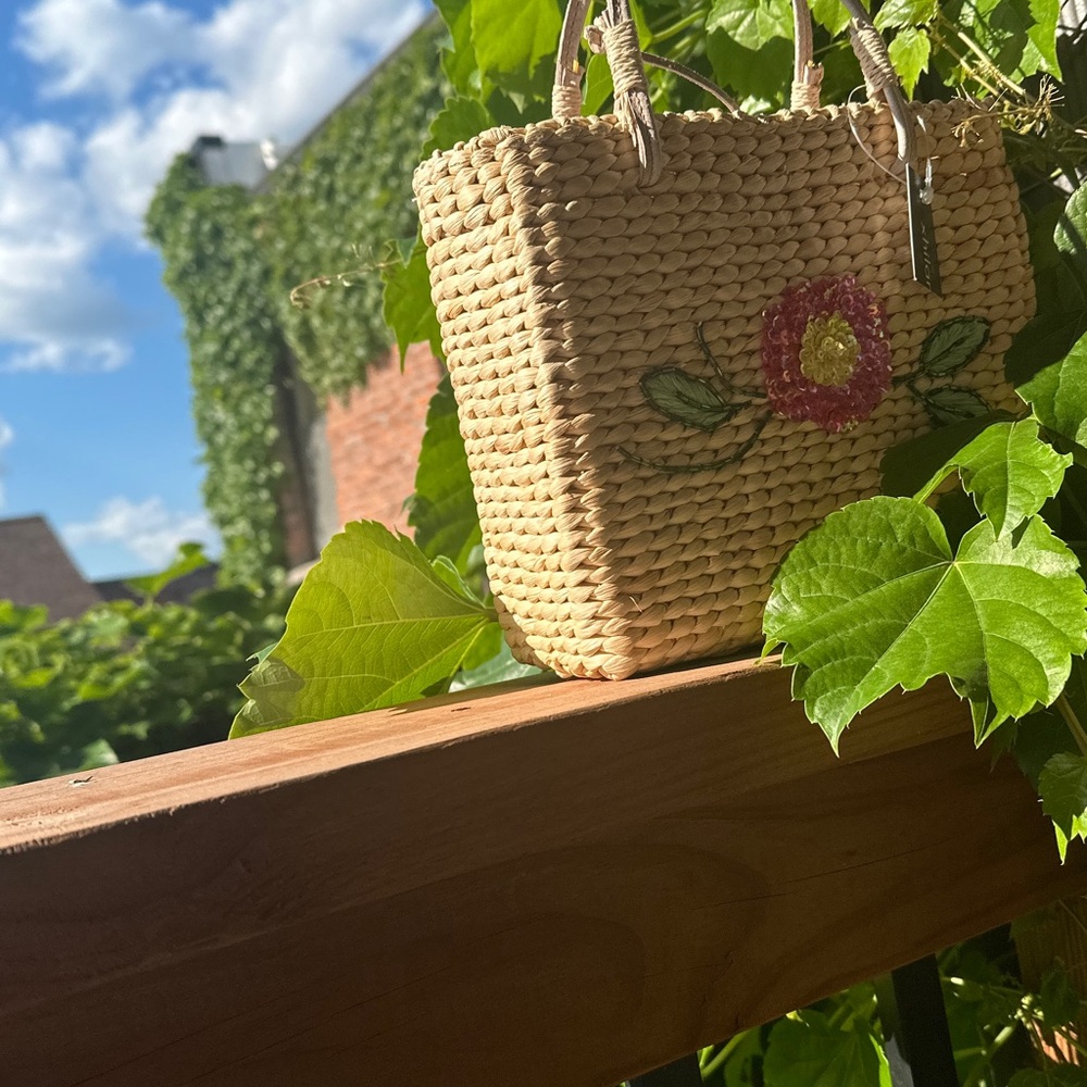 Woven Straw Tote with Floral Design